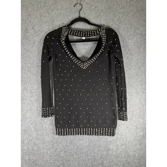 Boston Proper Womens XS‎ Black Lambswool Blend Studded Beaded V-Neck Sweater - Picture 7 of 8